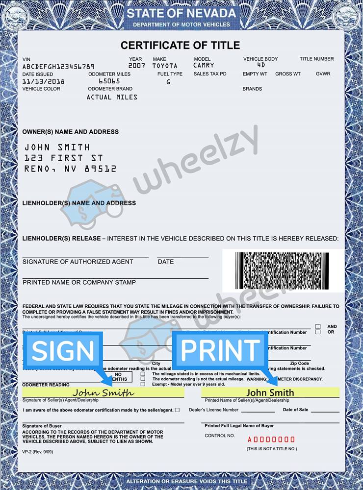 How to Sign Your Car Title in Nevada. Including DMV Title Sample Picture